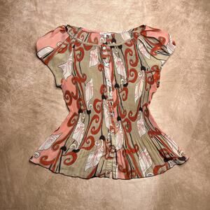 Vintage 90s Nicola Paisley Accordion Pleated Mesh Top Multicolor Puff Sleeve Y2K